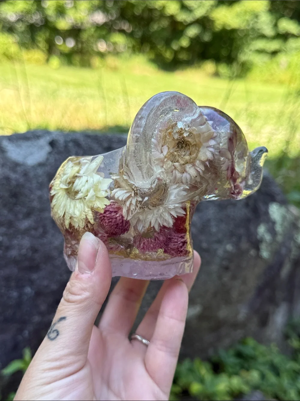 Handcrafted Pink and Cream Floral Elephant Resin candle holder